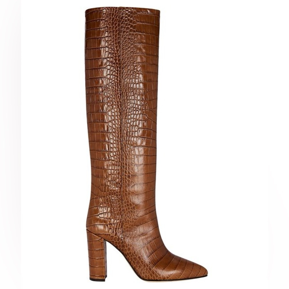 PARIS TEXAS Croc-Embossed Knee-High Boots, brown, size 37.5 for slim calves.